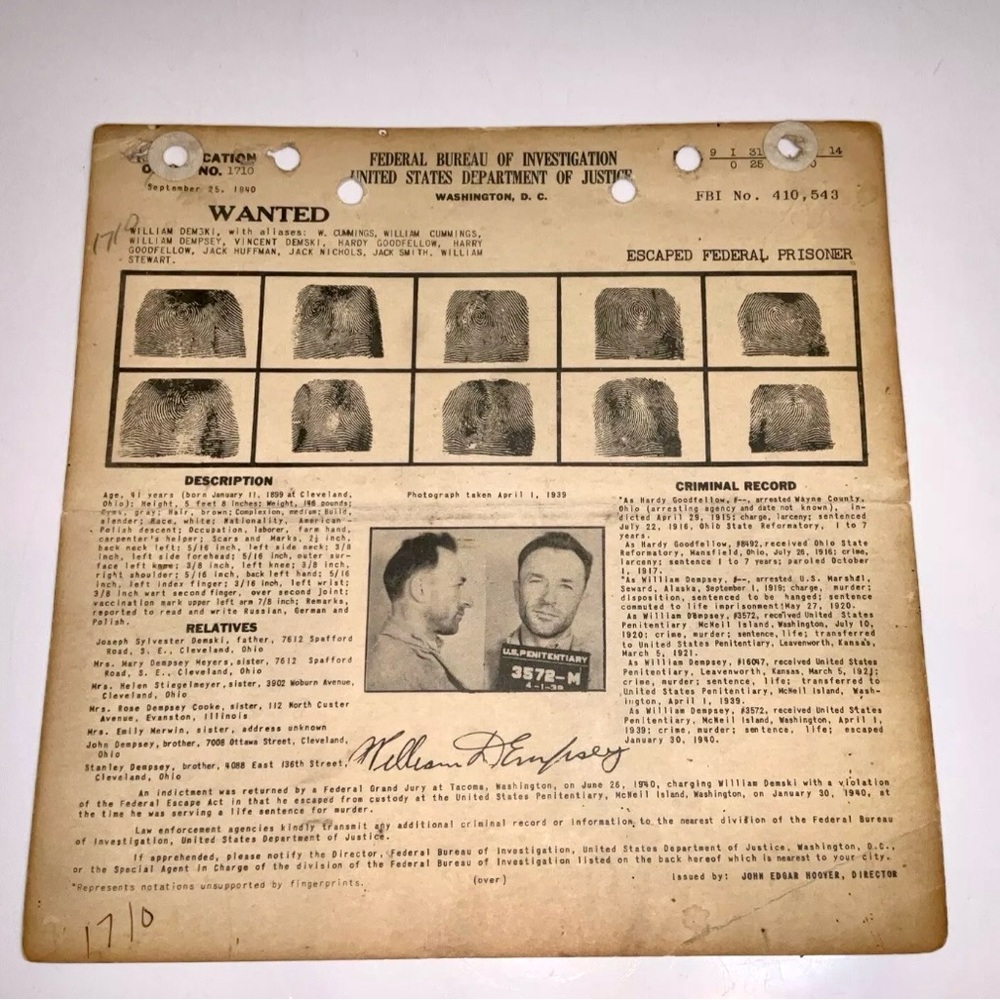 Rare Vintage 1940 FBI Wanted Poster William Demski Escaped Federal Prison